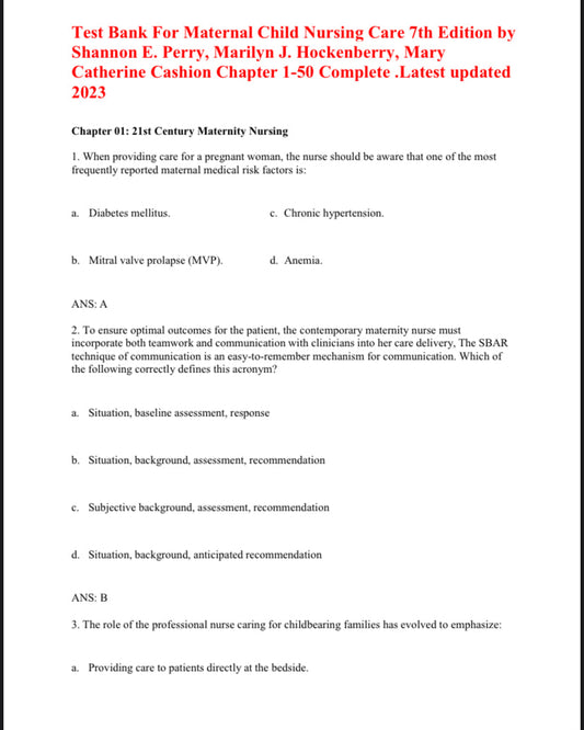 Test Bank For Maternal Child Nursing Care 7th Edition by Perry