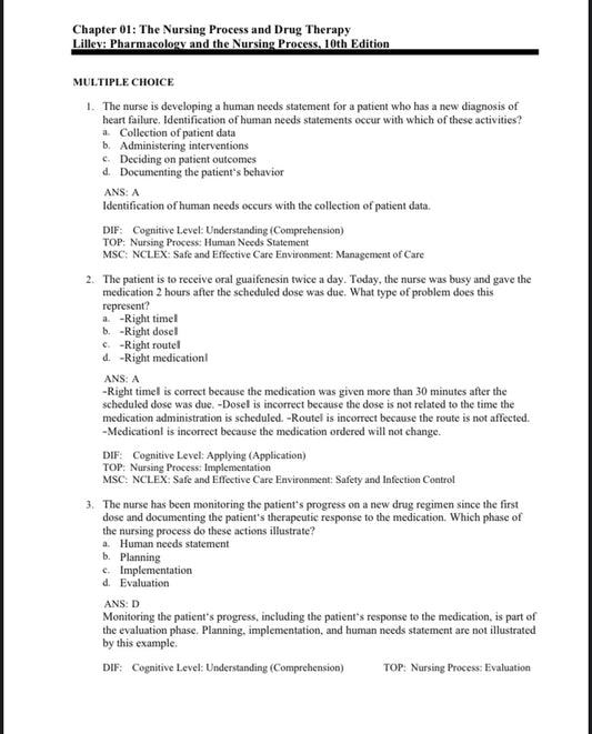 Test bank Pharmacology and the Nursing Process, 10th Edition by Lilley