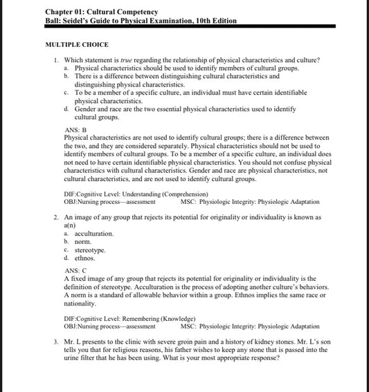 Test Bank – Seidel’s Guide to Physical Examination, 10th Edition