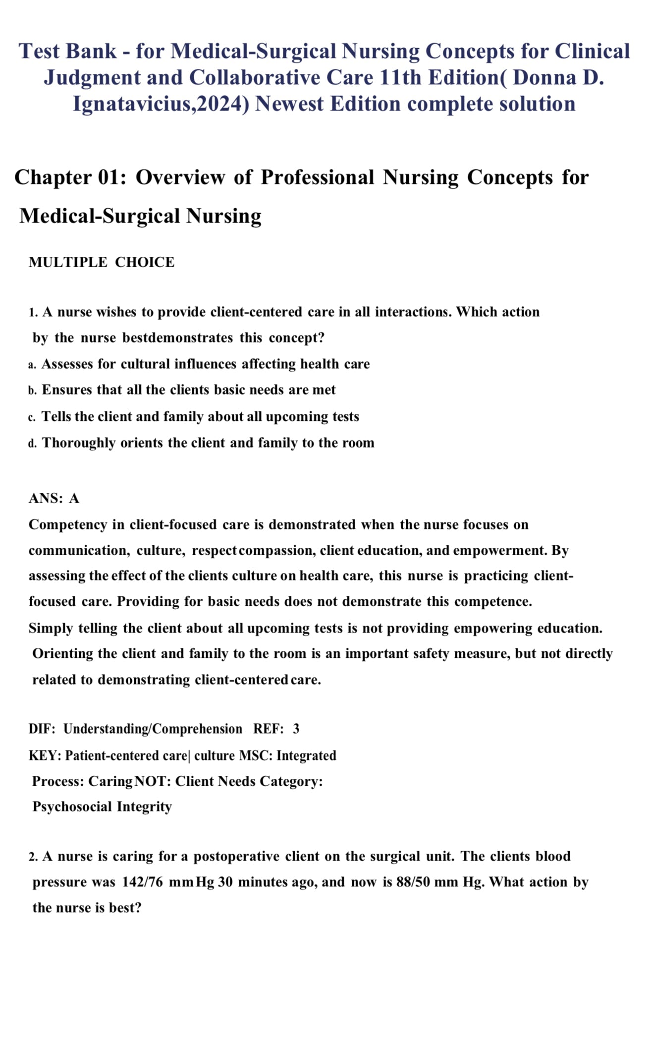 Test bank Medical-Surgical Nursing: Concepts for Clinical Judgment and Collaborative Care (11th Edition) by Ignatavicius
