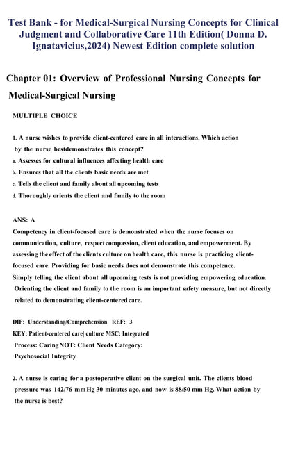 Test bank Medical-Surgical Nursing: Concepts for Clinical Judgment and Collaborative Care (11th Edition) by Ignatavicius